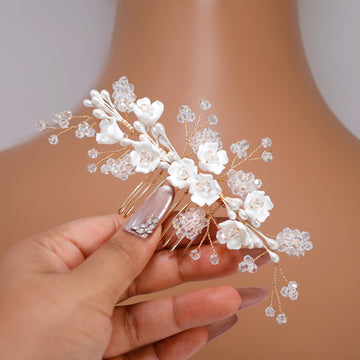 Ceramic White flower In Crystal's Shimmering Garden Hair comb, Bridal Hair piece, Bridal Hair Accessories, Wedding Hair Accessory.
